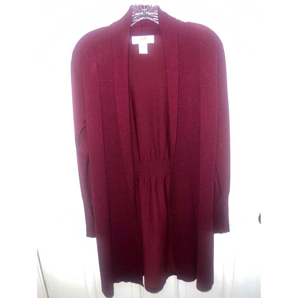 Magaschoni Burgundy Open Front Longline Cardigan Lace Up Cuff Ribbed Shawl M